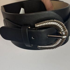 Elastic Black Wide Belt Embossed Silver Tone Buckle Designer Adjustable